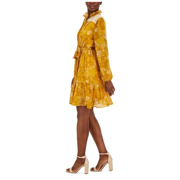 Tahari ASL Lace-Trim BOHO Tiered Split-Neck Dress in Mustard/Ivory Womens Size 4 - Picture 9 of 11